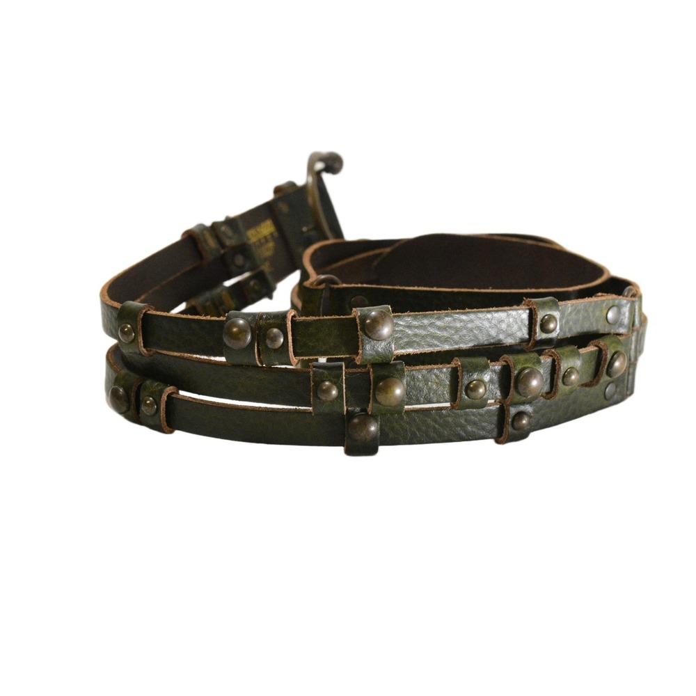 Antoniazzi Firenze Triple Strand Belt Women XL Dark Green Leather Brass Studs